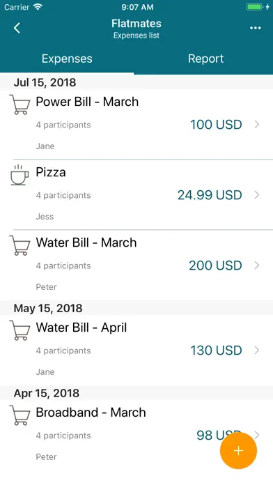 Comoney expense list showing shared household purchases