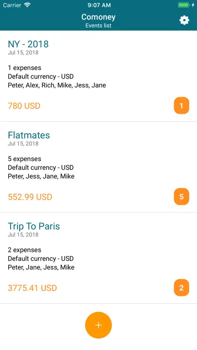 Comoney event list showing several shared-expense events